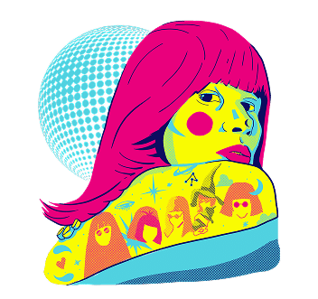 Ilustração pop-art representando Rita Lee com cabelo rosa, pele amarela e tatuagens coloridas nas costas, com esfera azul pontilhada ao fundo
