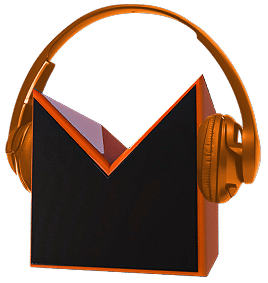 Logo estilizado com formato geométrico preto e laranja em forma de M, com fones de ouvido laranja sobrepostos